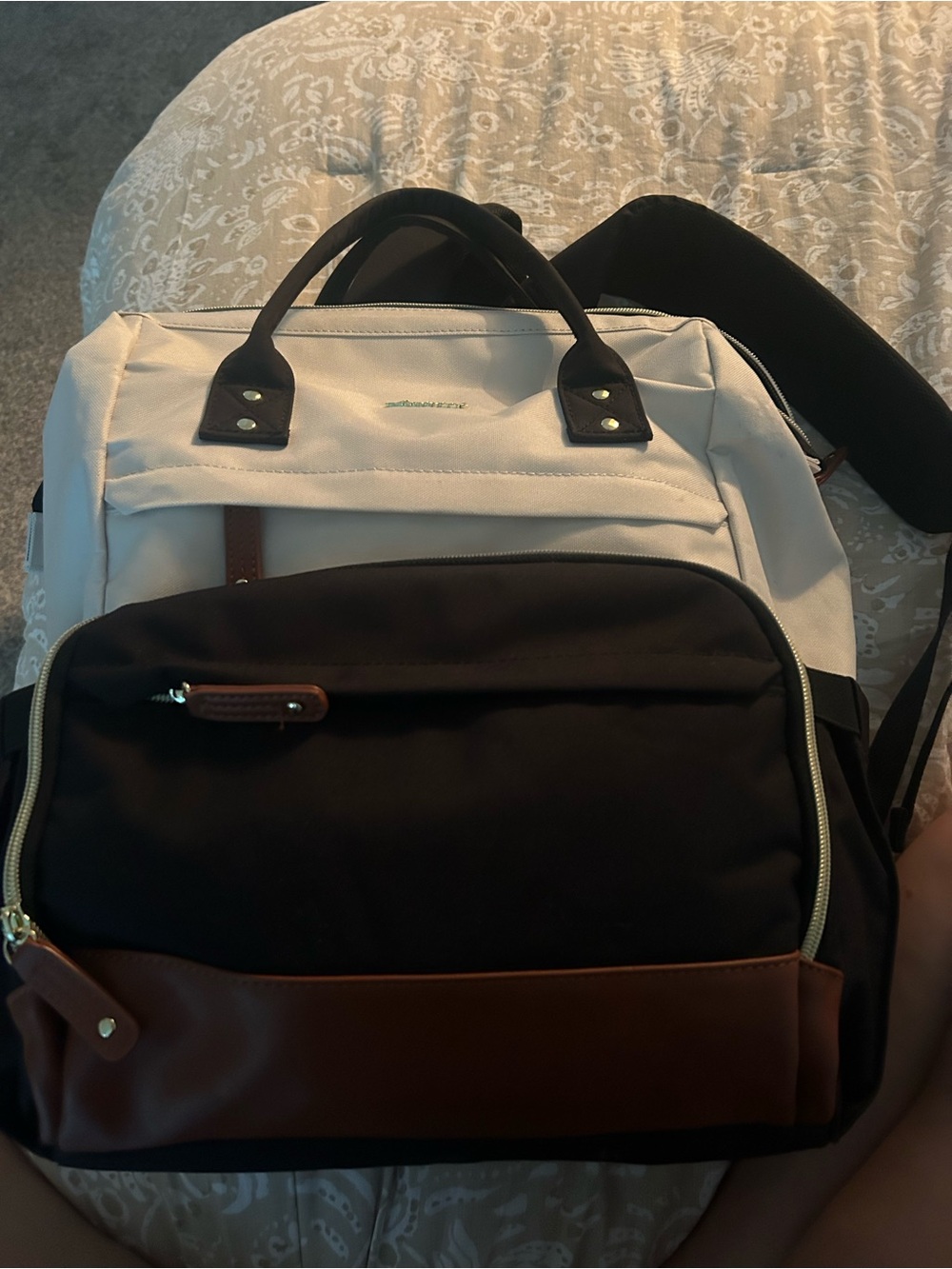 Two-Tone Black and White Travel Backpack with Brown Trim